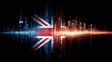 Digital Union Jack over London & New York: A modern, abstract representation of unity, connection and technology, showcasing two iconic cityscapes.