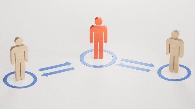 Three dolls and golden arrows. Concept of interpersonal conflict management and conciliator.3D rendering on whitebackground.