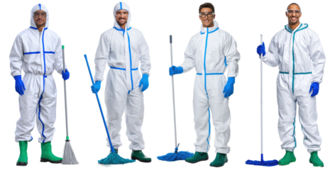 Set of sanitation workers in protective suits with cleaning tools