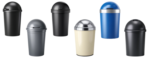 Set of dome-lid trash bins in assorted colors