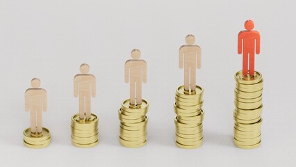 Wooden human figures with a growth graph and coins. Growth. Sales. Profits.Leadership with business...