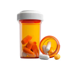 3D pill bottle with open cap, white background