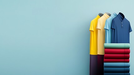 Vibrant Polo Shirts Neatly Stacked on Right with Blank Space for Promotional Text