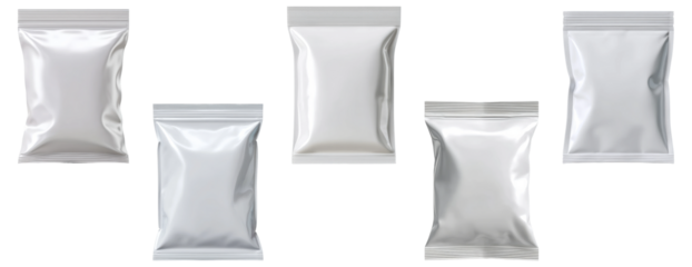 Set of blank silver and white foil packaging pouches