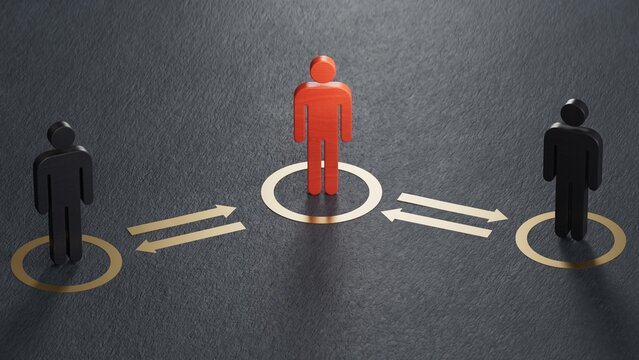 Three dolls and golden arrows. Concept of interpersonal conflict management and conciliator.3D rendering on black background.