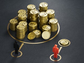 Two dolls and symbolic golden coins Concept of economic or income inequality and economic gap...