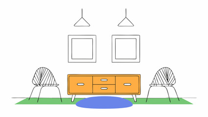 Fototapeta premium Vector modern living room with wooden sideboard, two chairs, and decorative elements