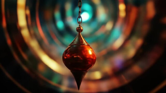 Hypnotic pendulum swinging amidst vibrant abstract patterns in motion