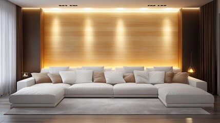 Modern living room with a long sectional sofa.