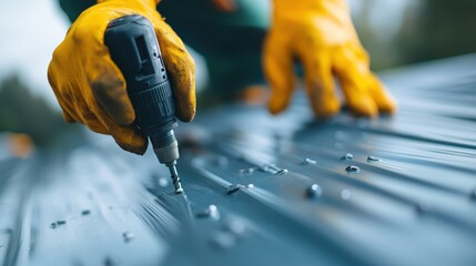 A focused construction worker in bright gloves meticulously drills a screw into a metal surface, exemplifying dedication in manual craftsmanship and work ethic.
