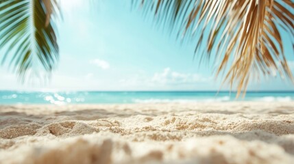 A tranquil view of a sandy beach framed by palm leaves, capturing the essence of a perfect summer escape with clear skies and calm ocean waves in the background.
