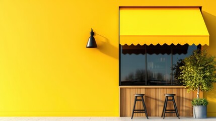 A vibrant yellow café exterior features a window with wooden accents and cheerful seating, exuding a warm atmosphere perfect for enjoying coffee in the sun.