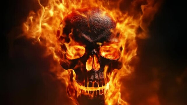 Flaming skull engulfed in intense fire with dynamic motion and dark background