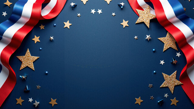 Vibrant Happy Presidents Day Banner Mockup with Gold and Silver Confetti for Social Media, Print Ads, and Event Invitations