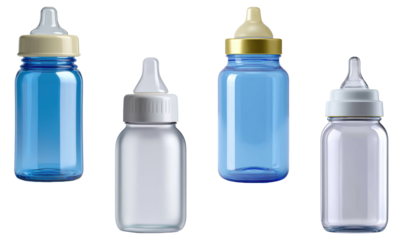 Set of baby feeding bottles with different caps