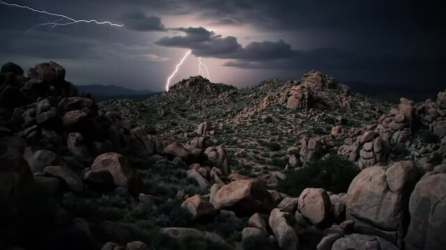 Electric Storm Sweeping Across Rocky Desert Landscape At Night