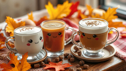Three cute coffee cups with faces decorated with autumn leaves and cozy atmosphere
