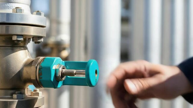 Industrial heating system valve control close up.  Technician hand adjusts central heating equipment valve.  High efficiency heating system for home or industry.
