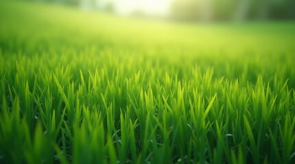 Fototapeta premium Vibrant green grass sways gently in the morning wind across a vast natural field, embodying the fresh growth of a summer meadow
