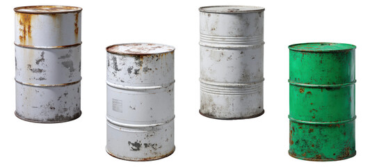Set of rusty white and green metal oil barrels