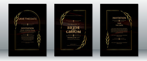 Luxury wedding invitation set with golden laurel leaf accents on a black background. Features refined typography and classic layout, ideal for formal and elegant celebrations.