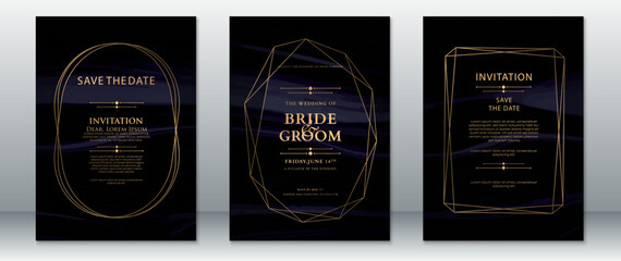Minimalist wedding invitation design featuring golden geometric frames on a dark violet-black background. Ideal for modern, elegant, and stylish wedding themes.