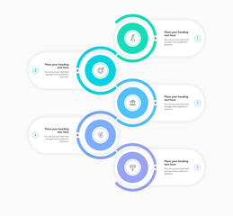 Vertical process flow chart with five colorful steps and a place for your text. Simple infographic design with icons and curved line for workflow layout, banner or web design.