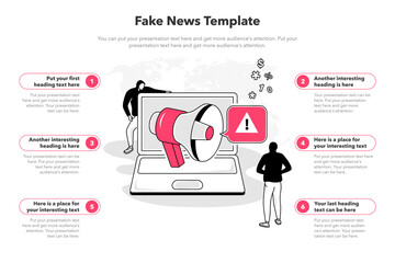 Simple infographic template for fake news. 6 stages template with a laptop computer and a megaphone with manipulated information.
