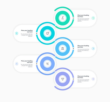Vertical process flow chart with five colorful steps and a place for your text. Simple infographic design with icons and curved line for workflow layout, banner or web design.
