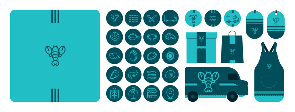 Logo homard avec pictogrammes de fruits de mer, crustac&eacute;s et poissons. Design vectoriel et &eacute;pur&eacute;, id&eacute;al pour restaurant sp&eacute;cialit&eacute; fruits de mer, cri&eacute;e, poissonnerie