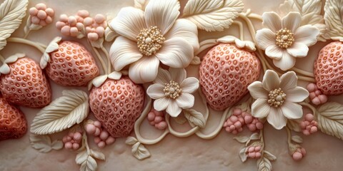 Fototapeta premium Pink strawberries and white flowers creating a stunning cake decoration