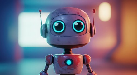 A cute robot with glowing blue eyes and antennas standing in a blurred colorful background space