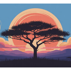Silhouette of an acacia tree at sunset in the african savanna