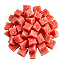 Freshly Cut Pink Fish Cubes Piled Neatly on White Background for Culinary Use and Food Preparation