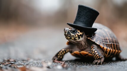A whimsical and cute turtle adorned with a small black top hat, capturing a playful and humorous essence of nature, stimulating joy and creativity in viewers.