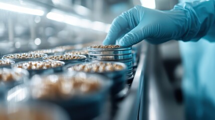 A professional in personal protective equipment (PPE) carefully processes sample containers, emphasizing the importance of safety and precision in laboratory environments for research.