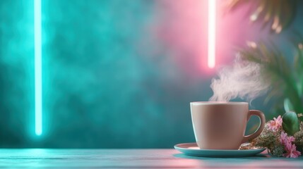 A cozy scene featuring a steaming cup of hot coffee, set against a vibrant and colorful background, inviting warmth and comfort for coffee lovers.