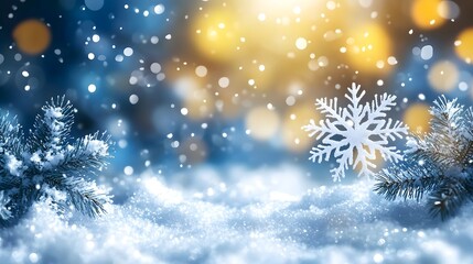 A serene winter scene featuring a detailed snowflake and pine branches, illuminated by glowing lights