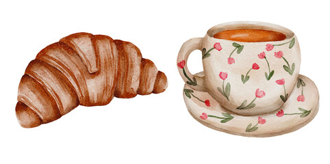 French croissant and cup of coffee, morning breakfast, watercolor illustration