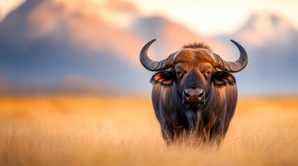 A stunning portrait of a buffalo standing proudly in a golden grassland, highlighting its majestic form against a beautiful mountainous backdrop illuminated by the sunset.