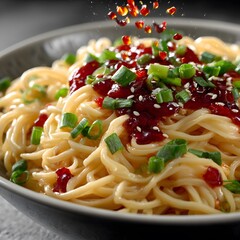 Spicy noodles, tossed in sauce, topped with green onions