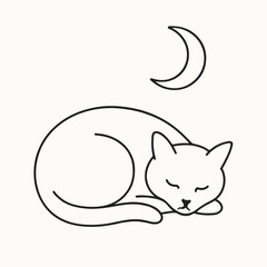 Dreamy Cat and Crescent Moon: A minimalist illustration of a sleeping cat beneath a crescent moon, capturing a sense of peace and tranquility under the night sky.