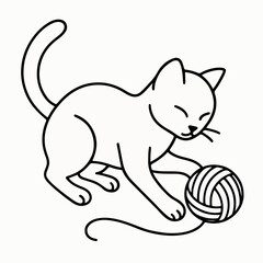 Playful Kitten with Yarn: A whimsical black-line illustration of a sweet kitten playfully engaged with a ball of yarn, bringing a touch of joy.