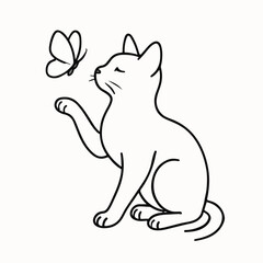 Whimsical Cat and Butterfly Interaction: A charming line drawing portrays a curious cat reaching out to a delicate butterfly, evoking a sense of playfulness and gentle connection.