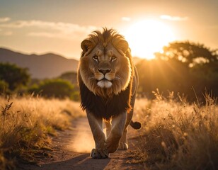 Majestic lion at sunset