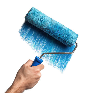 Closeup of hand holding paint roller, applying vibrant blue paint on surface. texture of roller and vivid color create engaging visual, perfect for home improvement themes