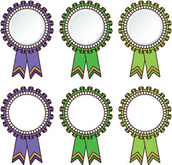 Ribbon Decoration Rosetta Medal Set Decoration Medal of Honor, line art, purple, green, yellow green / リボンの装飾 ロゼッタ メダル セット 装飾 勲章 名誉 線画 紫 緑 黄緑