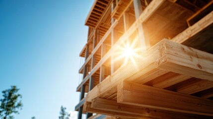 This image captures sunlight streaming through a construction site, highlighting wooden beams and creating a warm atmosphere perfect for showcasing architectural progress.