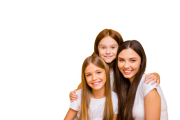 Photo of three amazing ladies of different age hugging wear casual clothes isolated yellow background