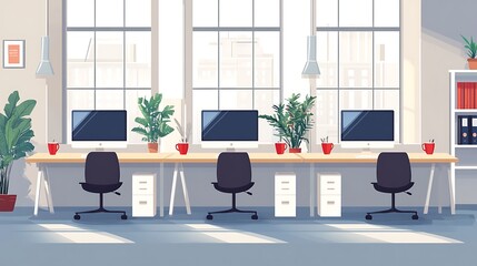 Modern Office Interior with Desks and Computers